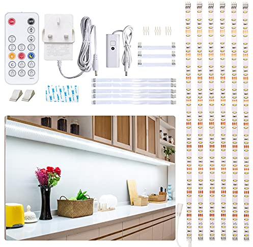Under Counter Light, Dimmable LED Under Cabinet Lighting, 6 PCS LED Strip Light Bars with Remote Control for Kitchen,Shelf,Pantry,Showcase,Desk,Cupboard 6000K White, Timing, 16W 1500LM,3m