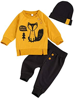 Loalirando Ensemble Infantile de 3 Pcs Vêtement Enfant Bébé Garçon Imprimé Animaux T-Shirt à Manches Longues + Pantalon +Bonnet, 80(6-12 Mois)