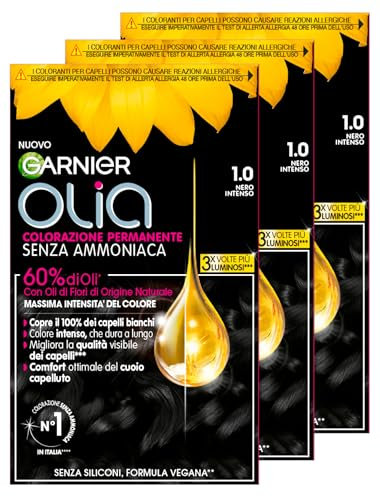 Garnier Olia Midnight Tinte permanente para el cabello, 1.0 Negro Intenso, sin amoníaco, fragancia delicada, 3 tintes