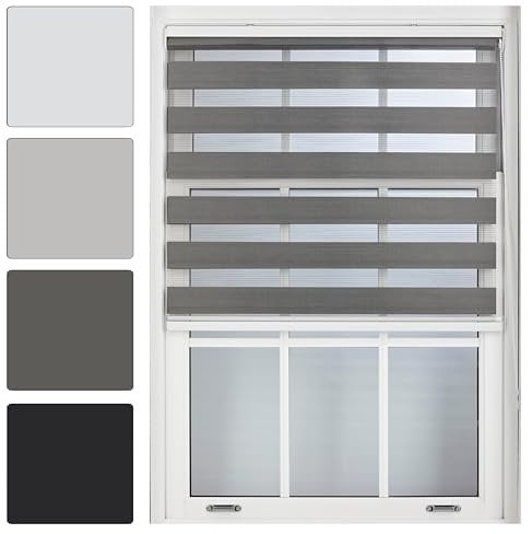 FURNISHED Day and Night Roller Blinds - Zebra Blind Dim or Translucent Vision Roller Shades for Windows and Doors - Dual Layer Fabric, Dark Grey, 175W x 165H cm