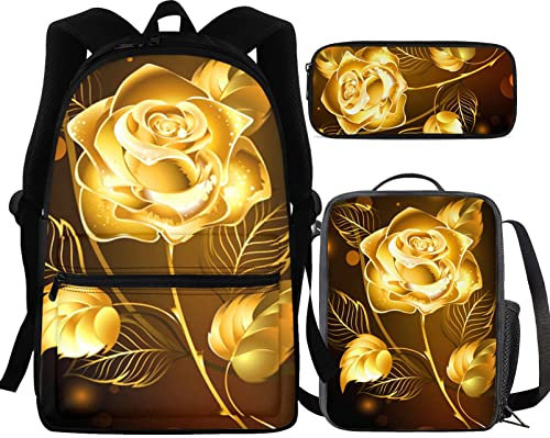 HUIACONG Ensemble sac à dos, sac à déjeuner + trousse pour filles et garçons de 5 à 19 ans, rose gold, M