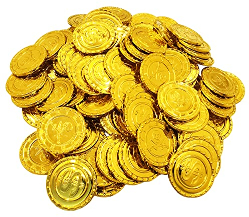 100 Stück Goldmünzen, Piratenschatz Goldmünzen, Goldmünzen Kinder, für Schatzsuche, Piraten thema, Themenparty, Geburtstag, Halloween, Thanksgiving, Weihnachten (Golden)