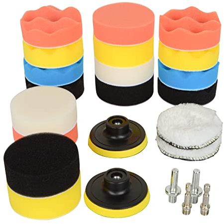 JoaSinc Polishing Pads for Drill Kit, 24PCS 3 inch 80mm Car Polishing Pads Sponge Wool Polishing Waxing Buffing Pads with M10 Drill Adapter for Car Polishing, Sanding, Waxing