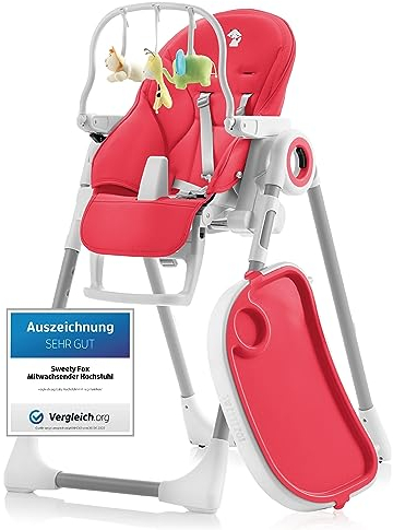 Sweety Fox Chaise Haute Bébé Evolutive, Pliable et Réglable, Nettoyage Facile - Inclinable en Transat bebe avec Barre de Jeux (de 6 mois à 3 ans, max 15kg) Rouge Framboise