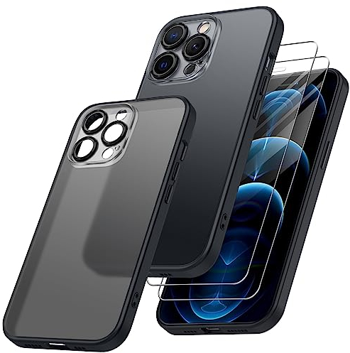 Qasyfanc Kompatibel mit iPhone 12 Pro Hülle mit Kameraschutz mit 2 Stück Schutzfolie, Nie Vergilbung Transparent Handyhülle Harte PC Rückseite Militärschutz Kratzfest Fallschutz Schutzhülle, Schwarz