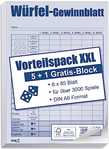 RNKVERLAG 5803-2 - Würfelspiel Vorteilspack XXL DIN A6, 6 Blöcke, je 85 Blatt für über 3000 Spiele, Blau, Weiß