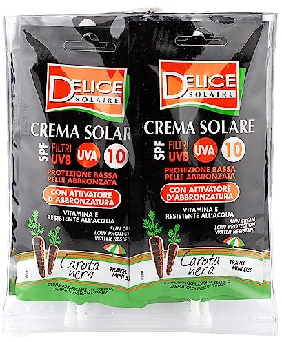 Delice Solaire Sonnencreme Mini Size, niedriger Schutz SPF10+, mit Aktivator zur Bräunung, schwarze Karotte, wasserfest, dermatologisch getestet, 6 Beutel x 50 ml