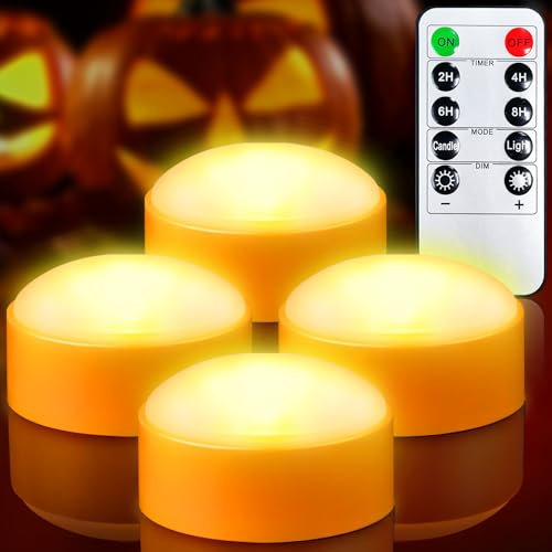 Yakpo 4 Stück Halloween Timer LED Kürbislichter mit Fernbedienung – flackernde orange Beleuchtung, batterie betriebene Lichter für Halloween Kürbislaternen, flammenlose Kerzen lichter für Kürbis Deko