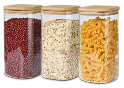 PRICE BEATER Set of 3 Glass Jars Containers, 1500 ML Airtight Food Storage Jars with Bamboo Lid, 3 Piece Canister Set Storing Cereal, Pasta, Tea Coffee Sugar, Dishwasher Safe (1500 ML - 3 Pc)