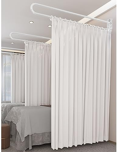 Raumteiler Vorhänge Und Stangenset, U-förmige Stange & Lichtdurchlässige Privatsphäre Weiß Grau Vorhang, Wandmontierte Sichtschutzwand Für Krankenhaus Beauty Mall Salon Lounge ( Color : White Rod with