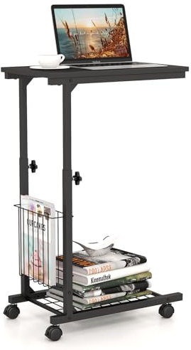 COSTWAY Table d'Appoint à roulettes, Bout de Canapé en Forme de C avec Porte-Revues, Table de Lit à Roulette Hauteur Réglable 58-80 cm, Table Roulante pour Lit (Noir)