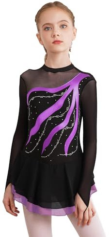 Freebily Abito Pattinaggio Artistico Bambina Maniche Lunghe Pattinatrice Velluto Argento Vestito Ballerina Balletto Tutu Danza Classica Body Ginnastica Ritmica Viola 11-12 Anni