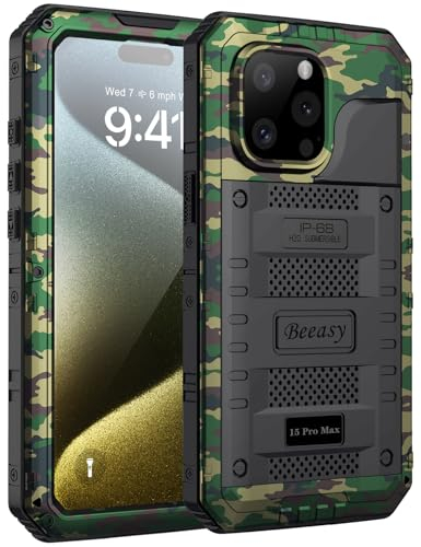 Beeasy for iPhone 15 Pro Max Case Waterproof Heavy Duty Tough Metal Armour Cover Shockproof Dustproof Built-in Screen Protector, Robust Full Body Protective Military Rugged Case for 15 Pro Max, Camo