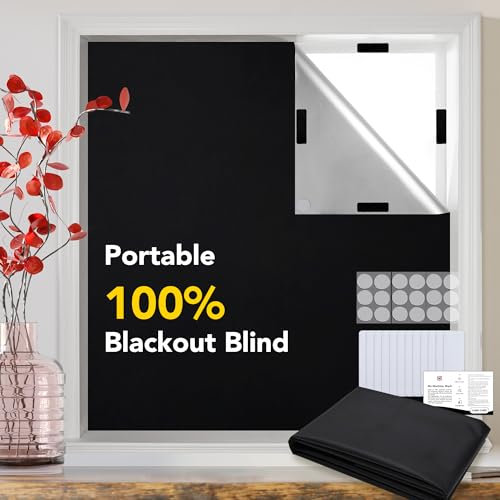 Deconovo 100% Blackout Blind Stick on No Drill Portable, 200x145cm Blackout Curtains Window Film Fits Any Window Shape with Adhesive Tape Strips, Easy to Stick on Windows for Cars, Kitchen and Travel