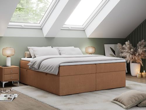 MKS MEBLE Boxspringbett 140x200 ohne Kopfteil mit Bettkasten, Bett 140x200 niedriges Kopfteil, Polsterbett 140x200 ohne Kopfteil - Bess - Orange Struktur - H4