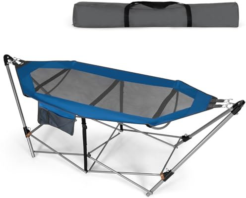 KOMFOTTEU Hängematte mit klappbarem Gestell, Hammock mit Hängemattengestell bis 150kg, Campingbett Feldbett für Indoor Camping 227x82x89 cm (Blau)