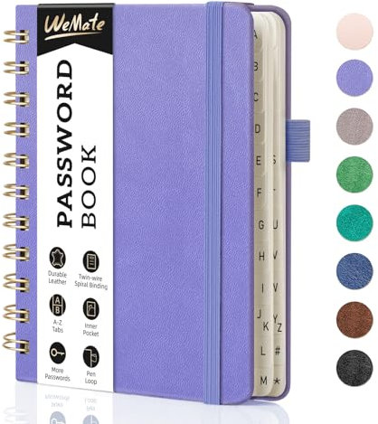 WEMATE Spiral Passwort buch mit alphabetischen Tabs, kleines Passwortbuch für Senioren, Internet-Passwort-Notizbuch Hardcover Passwort Manager Journal Logbuch A6 – 10.5 x 14.8 cm (Purpur)