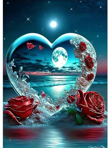 DAERLE Romantic Beach Love Diamond Art Painting Kits for Adults, DIY 5D Diamond Painting Red Roses Full Kits, Diamond Art Kits Gem Arts and Crafts Home Wall Decor 30X40cm