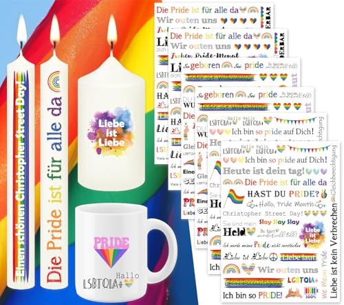 Tixlux 6 PCS Kerzentattoo LGBTQIA+ (200+ Muster), Wasserschiebefolie Kerzen | Kerzenaufkleber | Kerzen Dekorieren | Gay Pride Monat