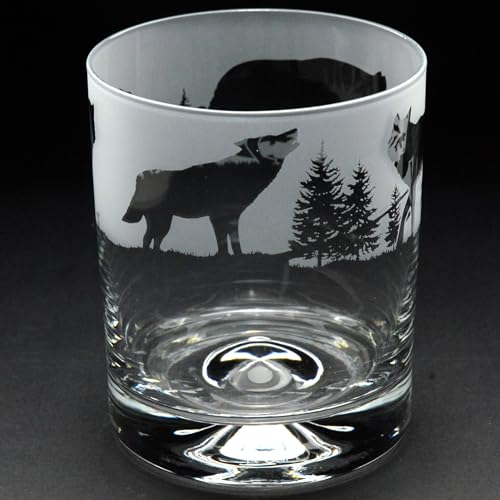 GLYPTIC GLASS ART 'Wolf' Hand Etched/Engraved Whiskey Tumbler Glass