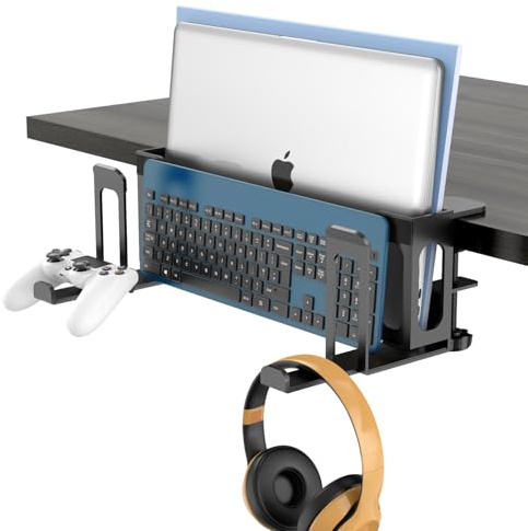 2 Tier 6-in-1 Adjustable Under Desk Laptop Holder with Keyboard Tray & Headphone Stand No Drilling Clamp On Desk Side Organiser Vertical Laptop Stand Magazine File Holder Fits Up To 4.5cm Table Thick