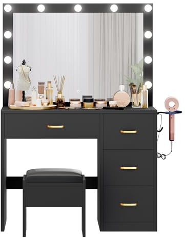 YITAHOME Tavolo da toeletta con specchio, tavolo da trucco con 4 cassetti, tavolo da toeletta con sgabello, illuminazione, presa elettrica, nero (tavolo da trucco, tavolo da toeletta, tavolo da