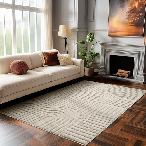 HomebyHome Kurzflor Teppich Wohnzimmer 120 x 170 cm Beige Hoch-Tief 3D Effekt Teppich Waschbar, Flauschig und Extra Weich - Skandinavisch Boho Muster Teppich für Schlafzimmer, Esszimmer und Küche