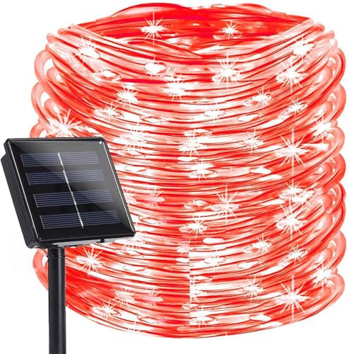 DINOWIN LED Tube Lumineux Solaire 5M 50LED Étanche Guirlande Ruban Lumineuse Tube 8 Modes Guirlandes Tubes Lumineuses Décorations pour Jardin, Noël, Fête (Rouge)