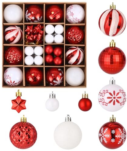 SinLaw Palline di Natale Bianche e Rosso,44 Pezzi Decorazioni Albero di Natale,palline di plastica per ornamento dell'albero di Natale,Palline Albero Natale 6cm con Cordino per Feste di Natale