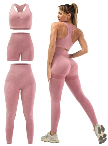 Salspor 3-teiliges Workout-Set für Damen, Po-Lifting-Leggings mit hoch belastbarem Sport-BH, Fitness-Shorts