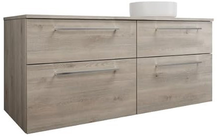 Burgbad Eqio Keramik-Aufsatzwaschtisch rechts, rund, inklusive Waschtischunterschrank, Breite 1400m, SGUW140R, Farbe: Eiche Dekor Flanelle/Eiche Dekor Flanelle, Stangengriff Chrom P95