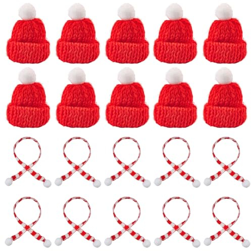 SUNNYCLUE 24 Stück Mini Strickmützen Mit Mini Strickschal Rot Weiß Mini Strickmützen Mit Bommel Kleine Weihnachtsmütze Miniatur Weihnachtsmannmützen Für Christbaumschmuck DIY Kunsthandwerk Party Dekor