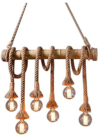 MZStech Industrial Retro 6-Light Bamboo Hemp Rope Lampada a sospensione Lampadario Lampada per sala da pranzo Soggiorno Ristorante