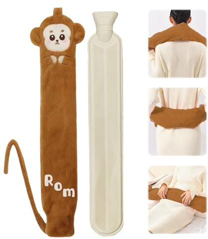 Lvjkes Bouillotte Peluche, Bouillotte Eau Chaude Longue, 2 Litres 72x12 cm Bouillotte en Caoutchouc Avec Couvercle, Amovible pour le nettoyage, Convient au cou, au ventre et au dos (Marron/Le singe)