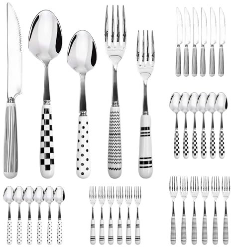 SNAIL GARDEN 30 Piece Cutlery Set for 6 People, Forks Knives and Spoons Set with Fancy Ceramic Handle,Stainless Steel Silverware Set, Dishwasher Safe & Mirror Polished for Home/Party/Restaurant/Hotel