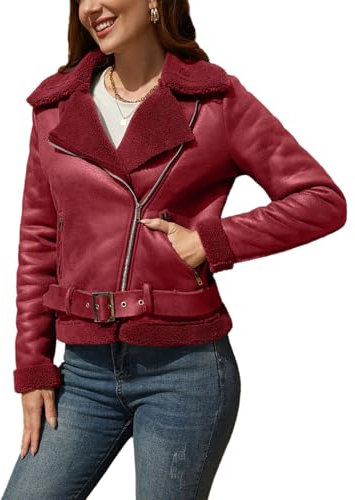 cffvdiz Femmes Zip Up Faux Suede Veste Revers Polaire Sherpa Doublé Manteau PU Cuir Moto Biker Manteau Outerwear,Burgundy,M
