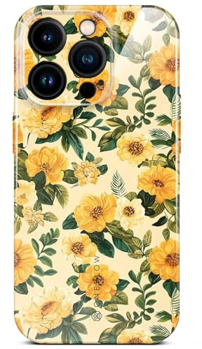 ONEFLOW Flower Cover für iPhone 14 Pro Hülle in Floral Optik, Blumen Designer Case Handy Schutzhülle mit Kameraschutz, Hardcase dünne Handyhülle Blumenmuster, Gelb Grün