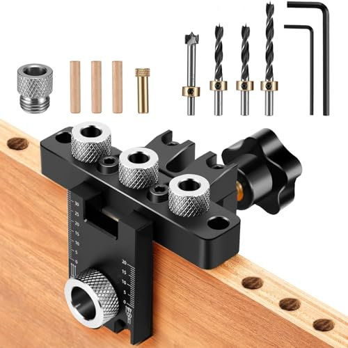 Gaethra 3-in-1 Bohrschablone Möbelbau, Verstellbare Holzdübel Bohrschablone mit Positionierungsclip, für 8/10/15 mm Dübellöcher, Pocket Hole Jig für präzise Tischlerarbeiten