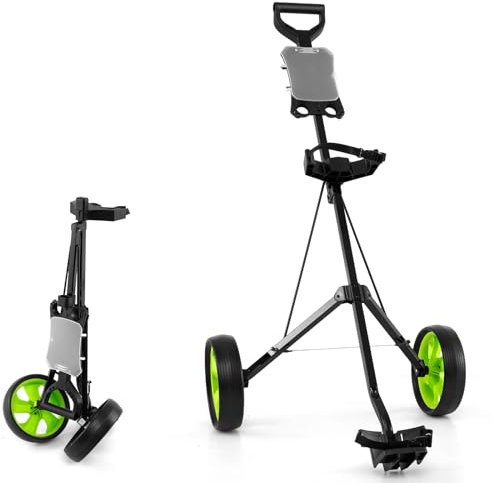 LIFEZEAL 2 Rad Golftrolley Klappbar, Golfwagen mit Anzeigetafel, Golf Push Cart aus Eisen, Golfkart mit Verstellbarer Gurt, Golfcaddy mit Fußbremse (Grün)