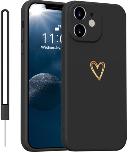 Yoawiful For Mobile Phone Case iPhone 12 Mini Silicone Camera Protection Cute Heart Pattern with 1 Lanyard Shockproof iPhone 12 Mini Case Black