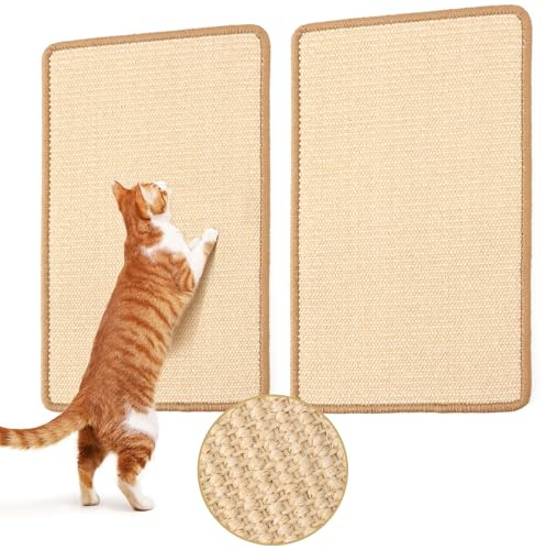 FUKUMARU Kratzmatte für Katzen aus natürlichem Sisal, 2 Stück, 50 x 30 cm, Kratzfeste Sofakratzmatte, horizontale Kratzmatte für Boden und Wand mit Klebeband, Möbelschutz