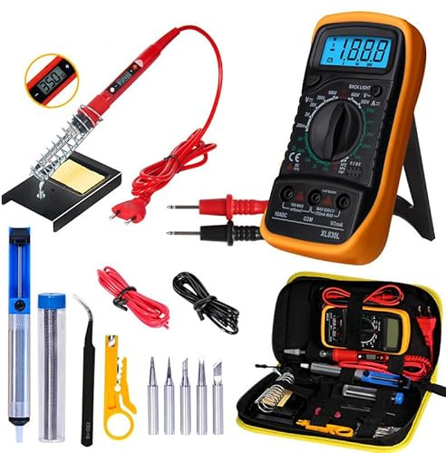 Soldering Iron Kit， 80W LCD Adjustable Temperature 180-480°C Soldering-Iron Gun Kit Welding Tool with 5 Soldering Tips, Tin Wire Tube, Desoldering Pump, Stand, Tweezers
