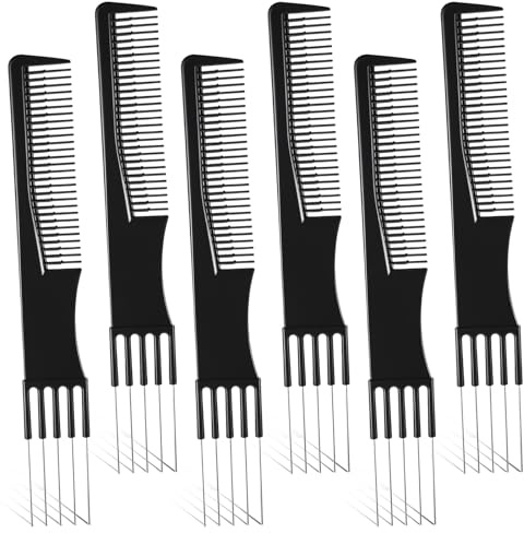 LIQWEI 6 PCS Professional Tail Comb for Women, Black Metal Prong Pick Combs Parting for Women Hair Pick Teasing Lifting Fluffing Combs for Styling Salon Fine Thick Thin Hair