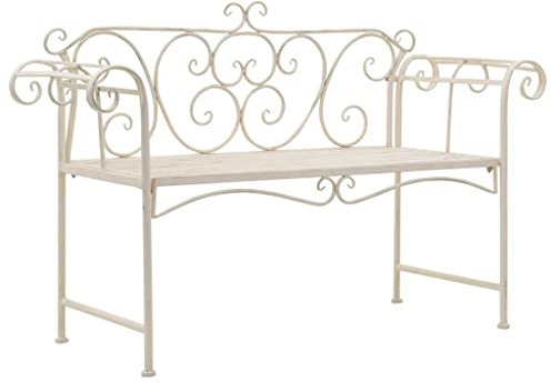 SKTQYQO Gartenbank aus Metall, 132 cm, antikes Weiß, wetterfeste und langlebige Struktur, Vintage-Stil mit Volute-Dekorationen, Maße 132 x 46 x 85 cm,