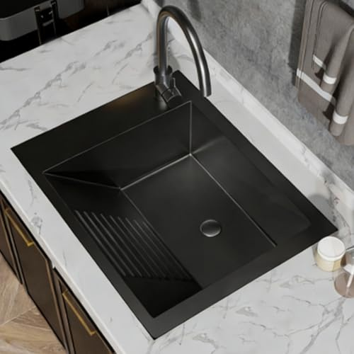 Fregadero de Acero Inoxidable 304, Fregadero Bajo Encimera con Tabla para Lavar Ropa, Incluye Grifo de Acero Inoxidable para Balcones, Lavaderos y Cocinas(Black)