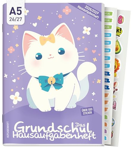 Häfft® Hausaufgabenheft Grundschule 2026 2027 A5 mit Datum Cute Cat | mit Pädagogen entwickeltes Grundschul-Hausaufgabenheft inkl. Lerntipps, Sticker, Mitteilungsfelder & mehr