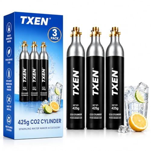 TXEN 425g CO2 Cylinder for Sparkling Water Makers, 60L Food Grade CO2 Gas Refill, Compatible with SodaStream, Aarke, Philips, Drinkmate & Screw System Soda Makers (3)