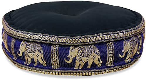 livasia Meditationskissen mit Thaiseide - Ø 45x15cm - Yogakissen mit Kapok, Pouf, Bodenkissen für Yoga und Zen Meditation, Sitzkissen für Garten und Balkon, Zafukissen (Schwarz/Blau/Elefanten Seide)