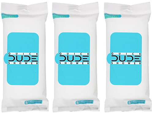 DUDE Shower Body Wipes Unscented Naturally Soothing Aloe and Hypoallergenic, Portable Travel-Sized Individual Cleansing Cloths for Men, 8 Count (Pack of 3)