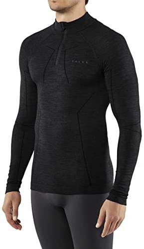 FALKE Herren Baselayer-Shirt Wool-Tech High Zip Neck M L/S SH Wolle schnelltrocknend 1 Stück, Schwarz (Black 3000), M